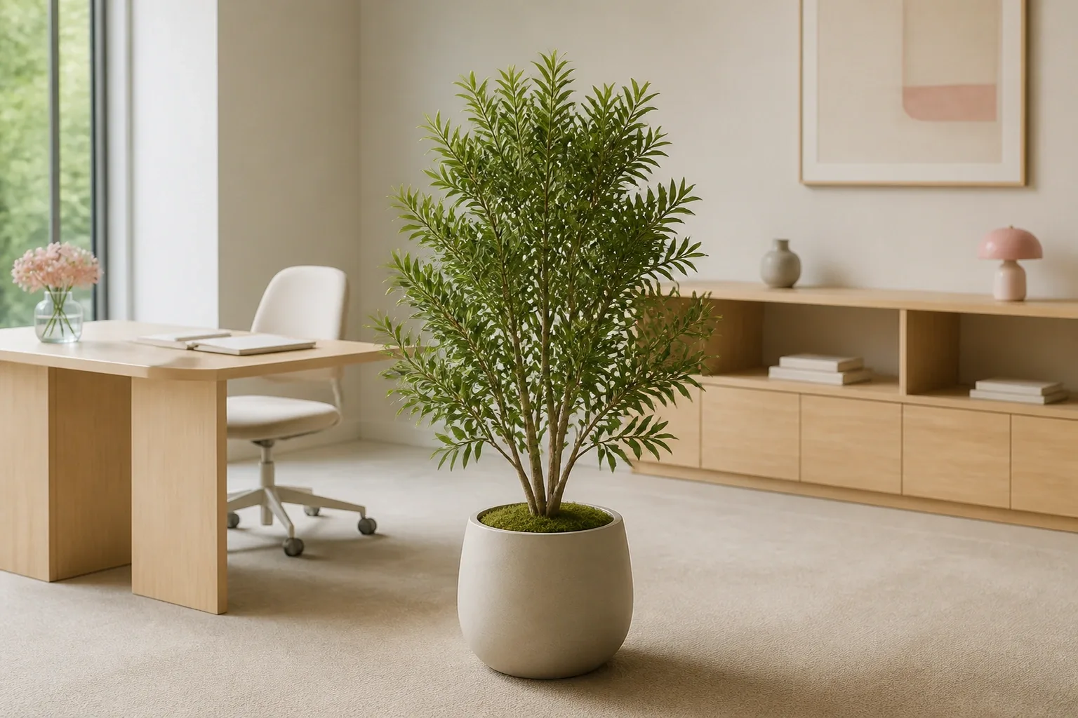Plante artificielle stable dans un pot sobre près d’un espace de bureau dégagé
