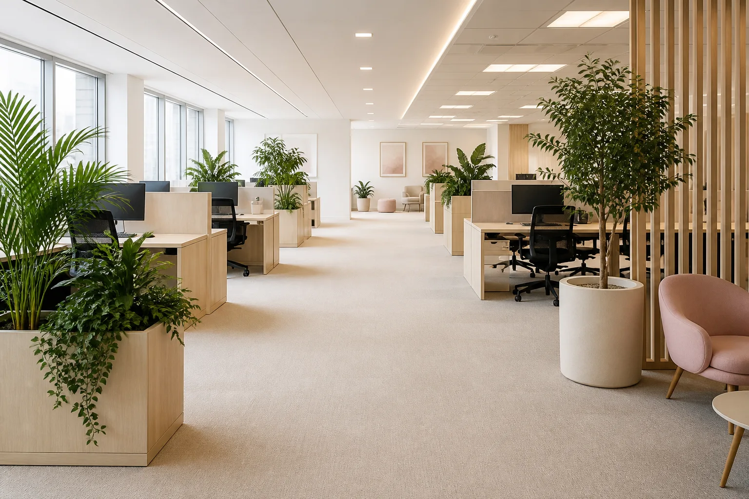 Open space lumineux avec plantes artificielles en bacs et circulation dégagée