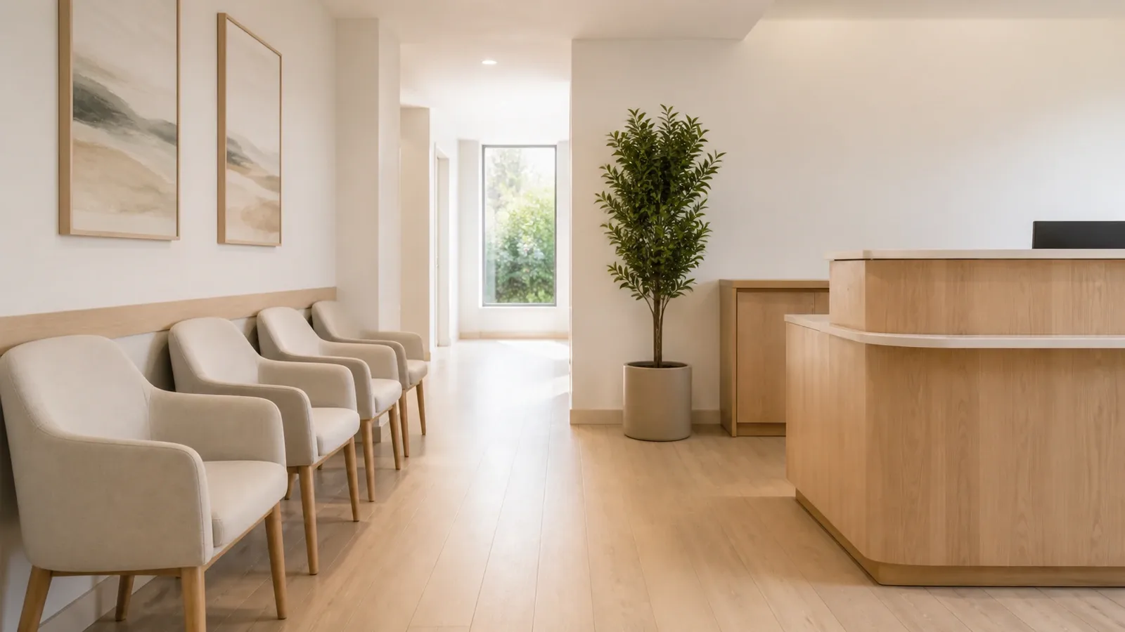 Salle d’attente lumineuse de cabinet médical avec plante artificielle dans un angle dégagé