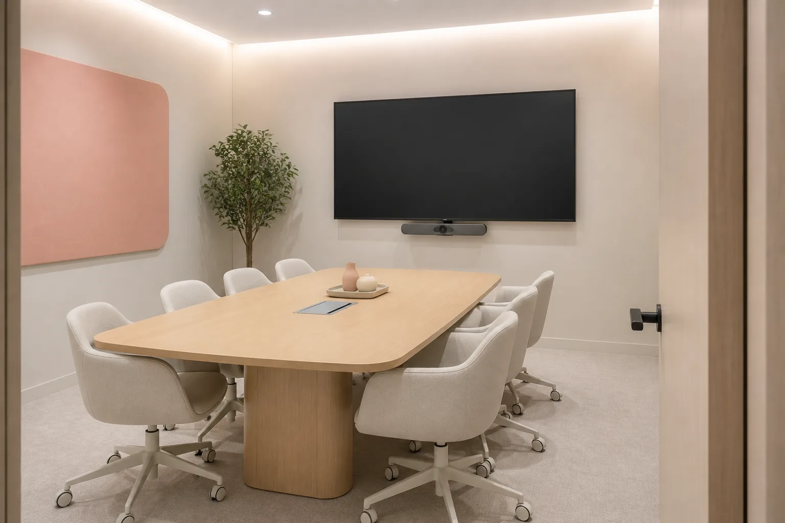 Salle de réunion lumineuse avec écran dégagé et plante artificielle dans un angle