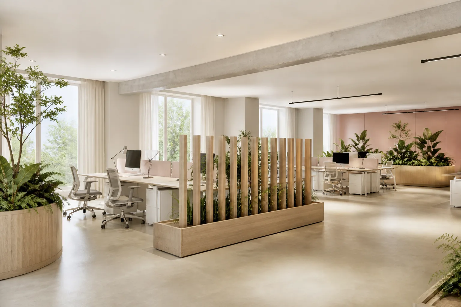 Claustra en bois et plantes artificielles séparant deux zones de bureau ouvertes