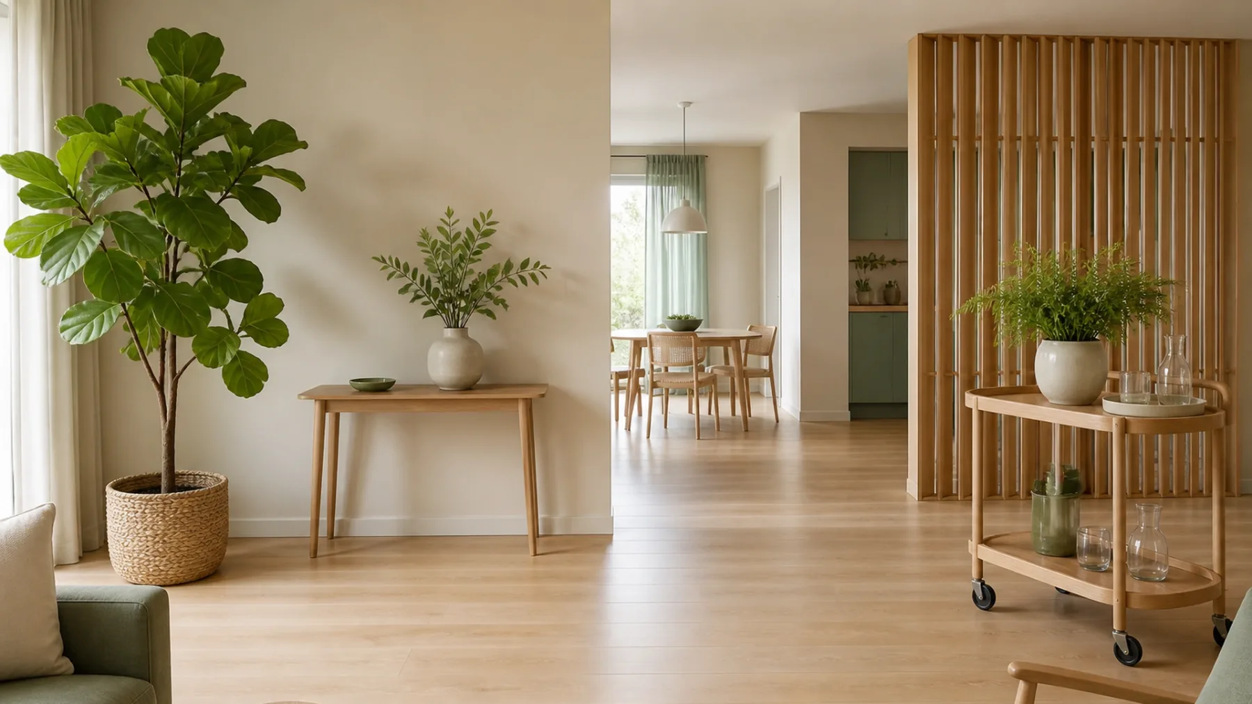 Décoration végétale mobile avec plantes artificielles dans un appartement en location lumineux.