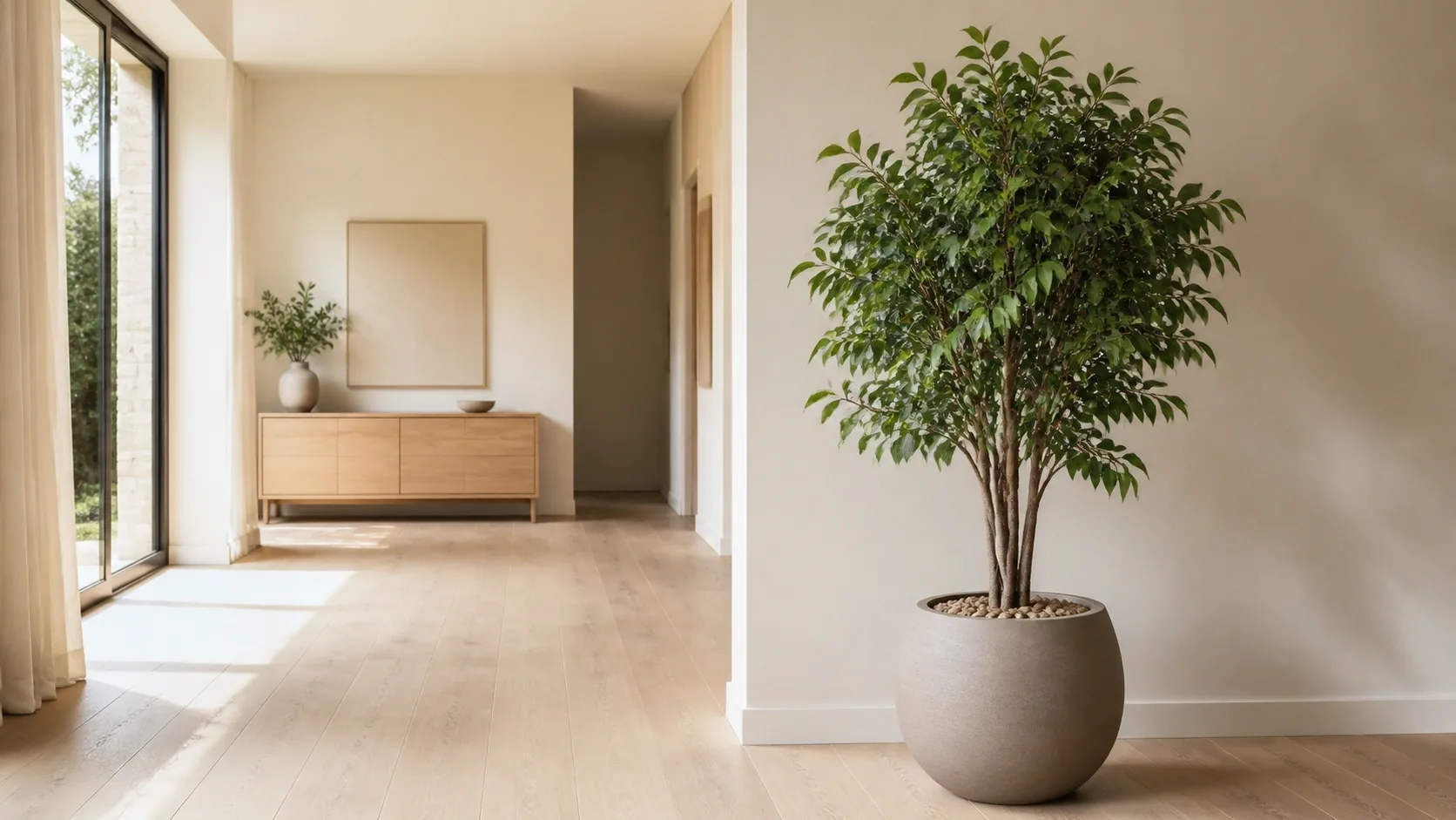 Grande plante artificielle stable dans un cache-pot sobre au sol d’un intérieur lumineux.