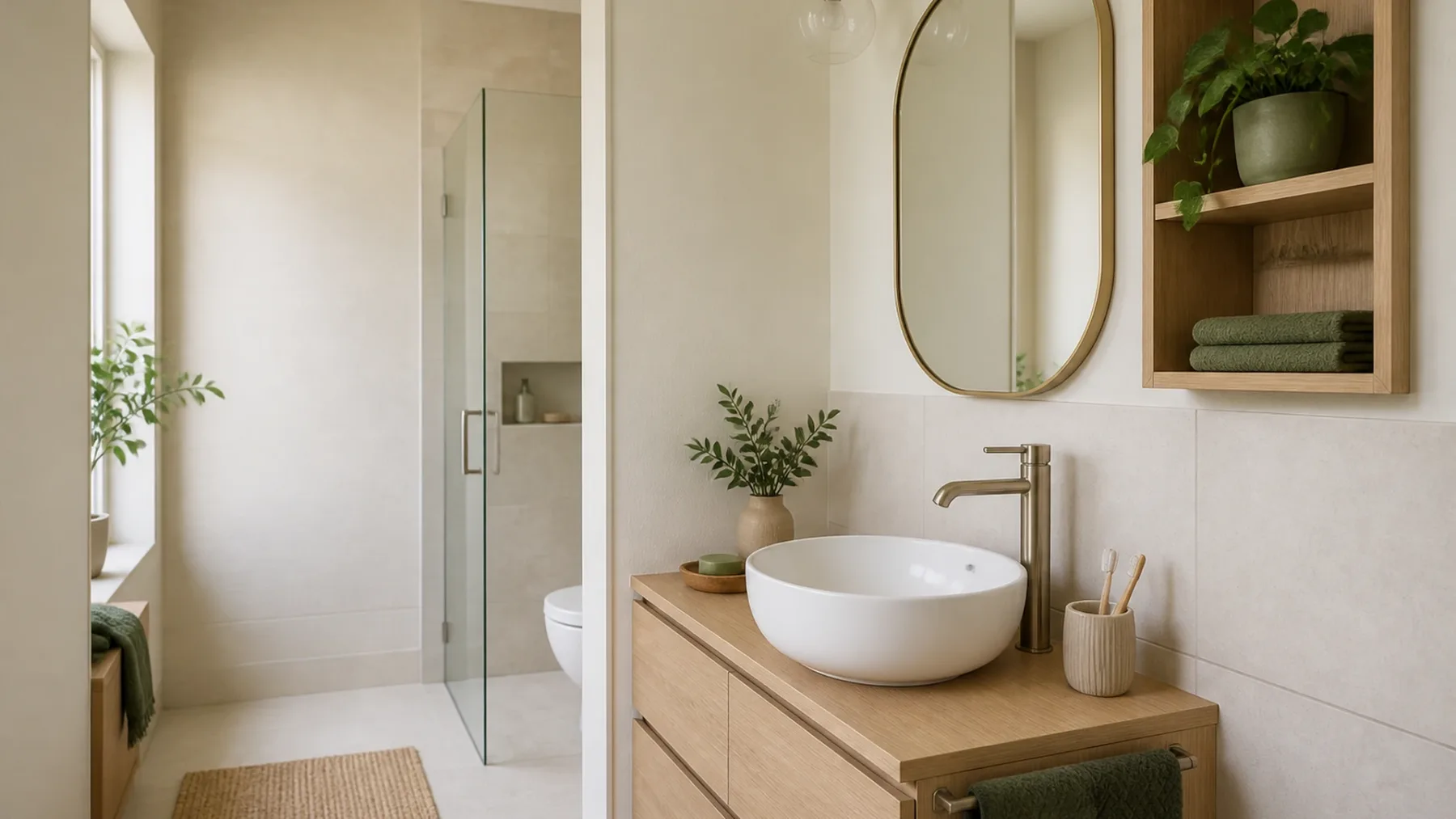 Plante artificielle compacte posée sur une étagère stable dans une salle de bain lumineuse.