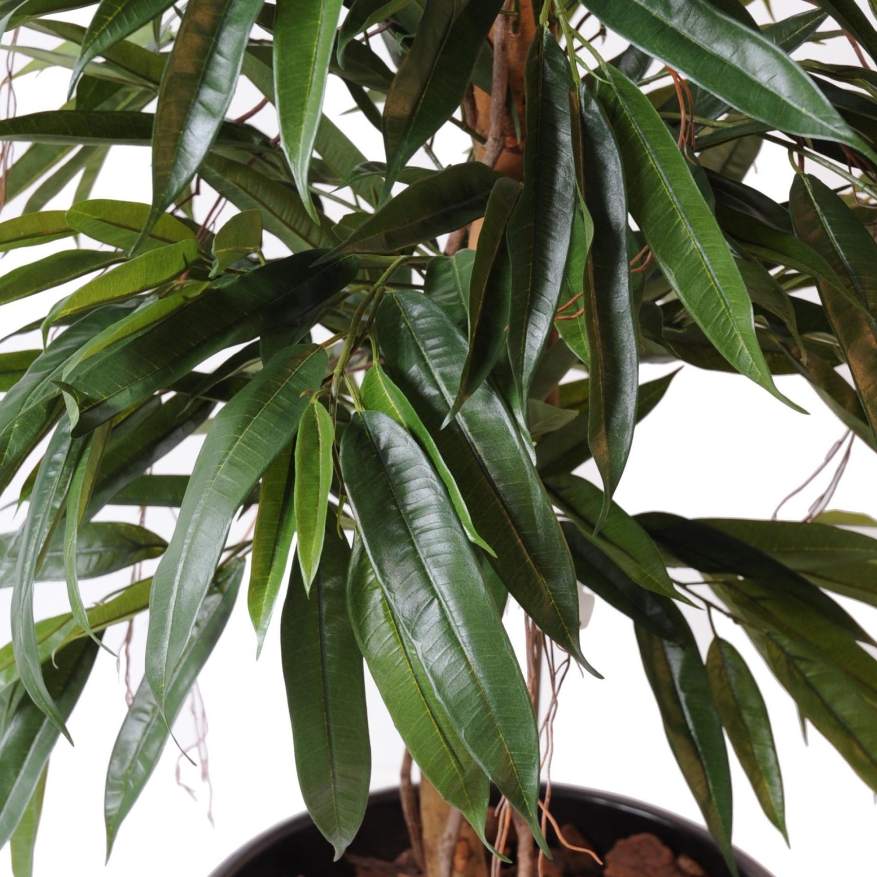 Grand ficus artificiel vert à feuilles étroites et tronc en bois — vue complémentaire